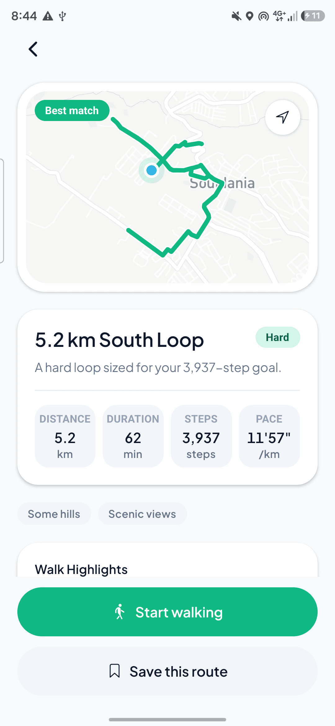 Steplly route detail screen showing a generated 5.2 km walking loop with distance, duration, and step count